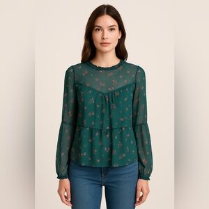 Eyeshadow Ruffle Long Sleeve Blouse Green Floral Print Blouse Size XS NWT